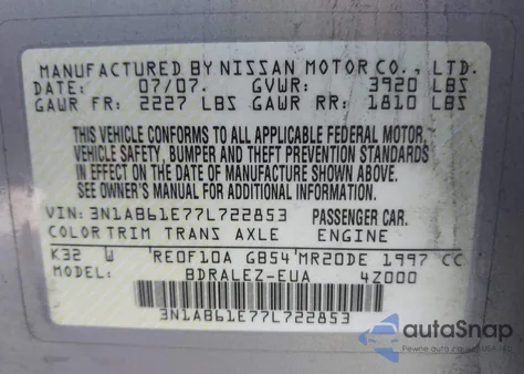 2007 Nissan Sentra 2.0S z USA, uszkodzony, nr VIN 3N1AB61E77L722853